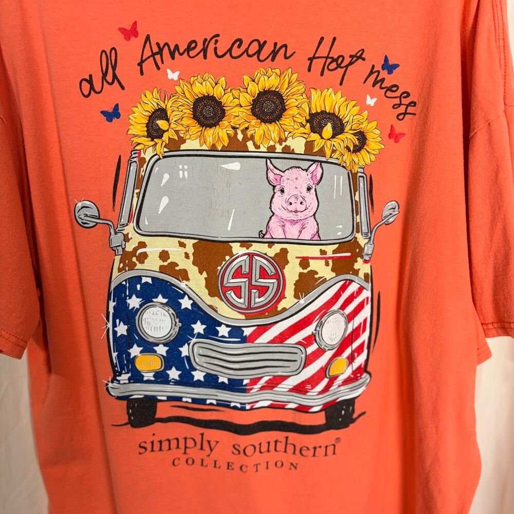 Simply Southern All American Hot Mess T-shirt 2X Coral Pig Sunflower VW Van - Picture 7 of 7